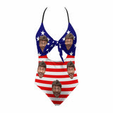 Custom American Flag Face Backless Bow One Piece Swimsuit Personalized Beach Pool Outfit