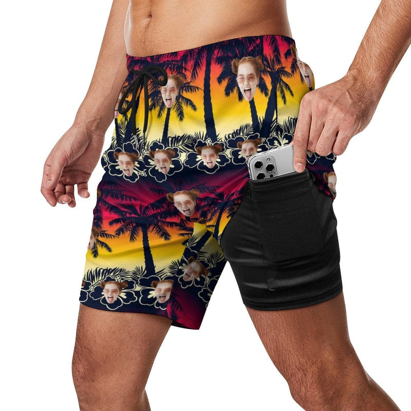 Custom Face Sunset Trees 2 in 1 Quick-Dry Swim Shorts with Pocket Personalized Swim Trunks