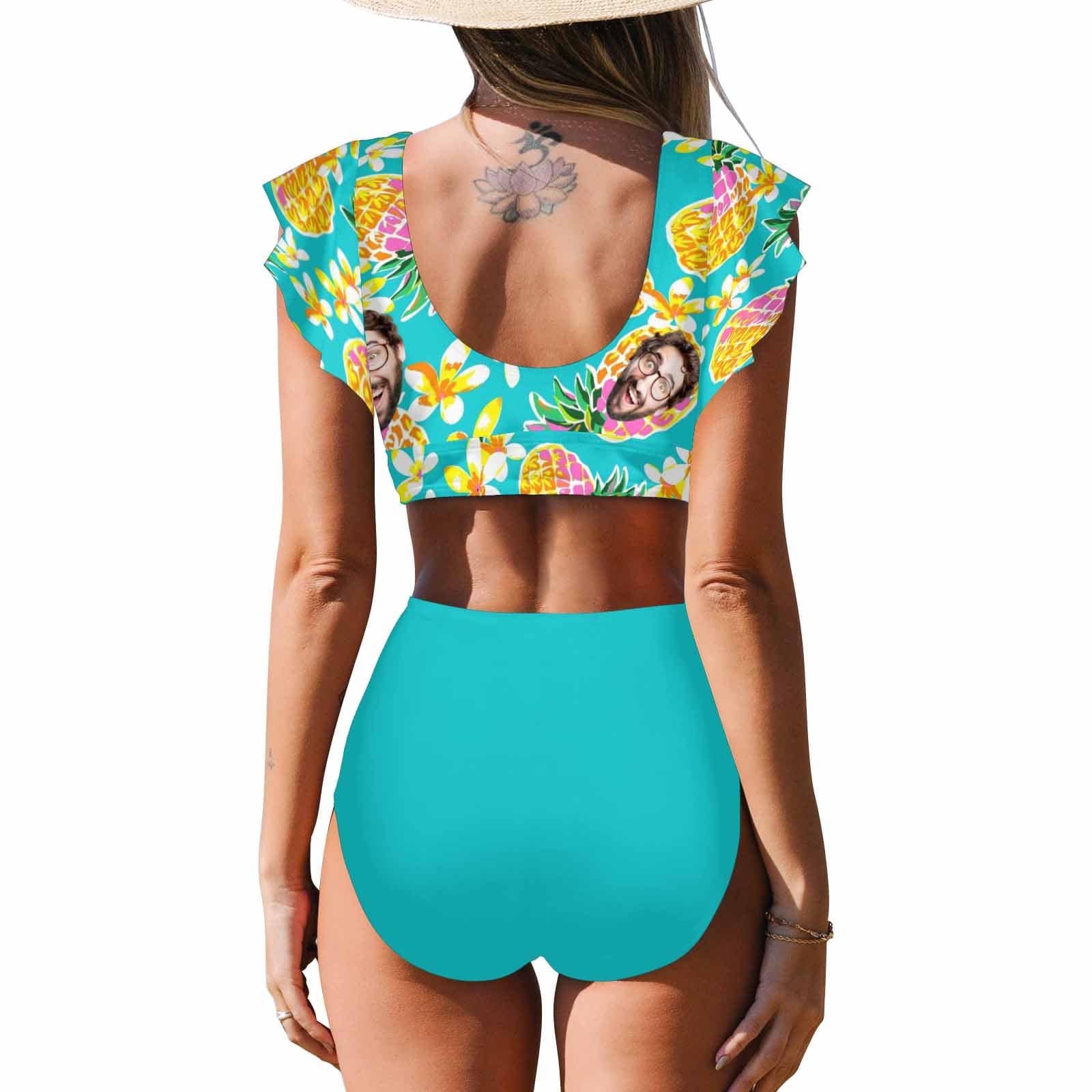 [Up to 5XL] Custom Face Pineapple Ruffle Sleeve Bikini Swimsuit Personalized Bathing Suit