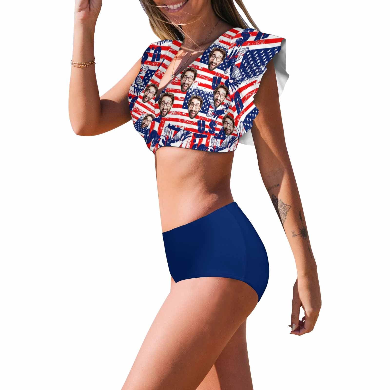 [Up to 5XL] Custom Face American Flag Ruffle Sleeve Bikini Swimsuit Personalized Bathing Suit