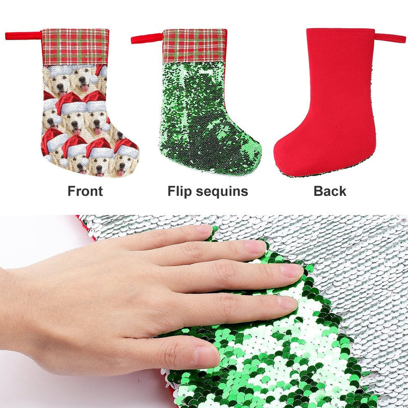 16.5in(L) Super Size-Custom Seamless Face Red Hat Christmas Socks Flip Sequins Christmas Stocking