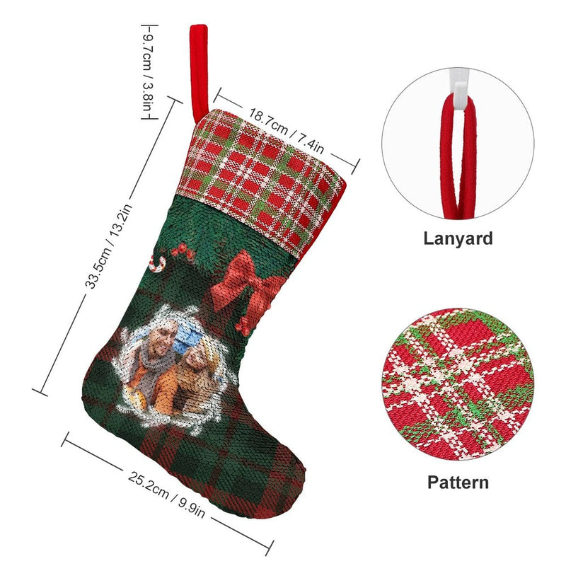 16.5in(L) Super Size-Custom Photo Lattice Red Bow Christmas Socks Flip Sequins Christmas Stocking