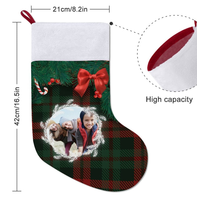 16.5in(L) Super Size-Custom Photo Lattice Red Bow Christmas Socks Flip Sequins Christmas Stocking