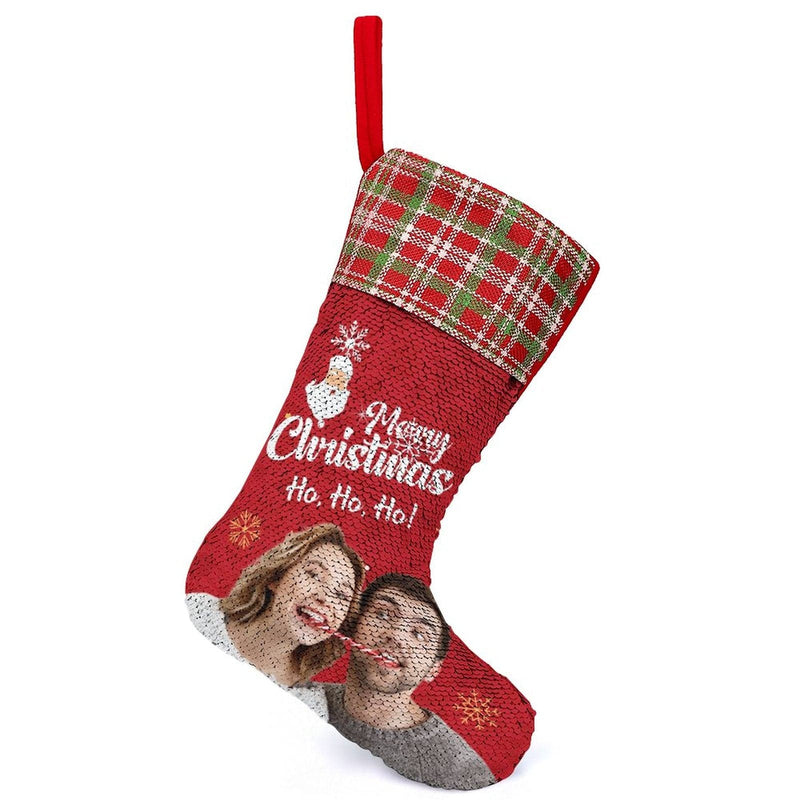 16.5in(L) Super Size-Custom Photo Couple Red Background Merry Christmas Socks Flip Sequins Christmas Stocking