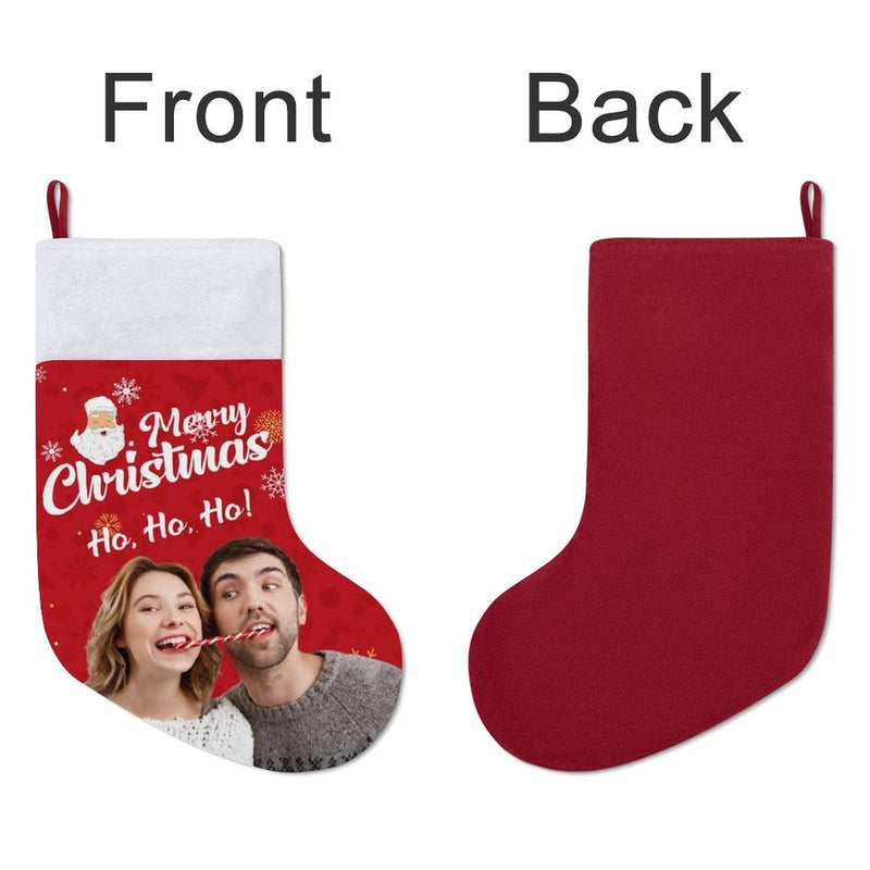 16.5in(L) Super Size-Custom Photo Couple Red Background Merry Christmas Socks Flip Sequins Christmas Stocking