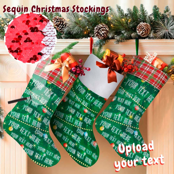 Custom Text Green Background Christmas Ornaments Sequin Socks