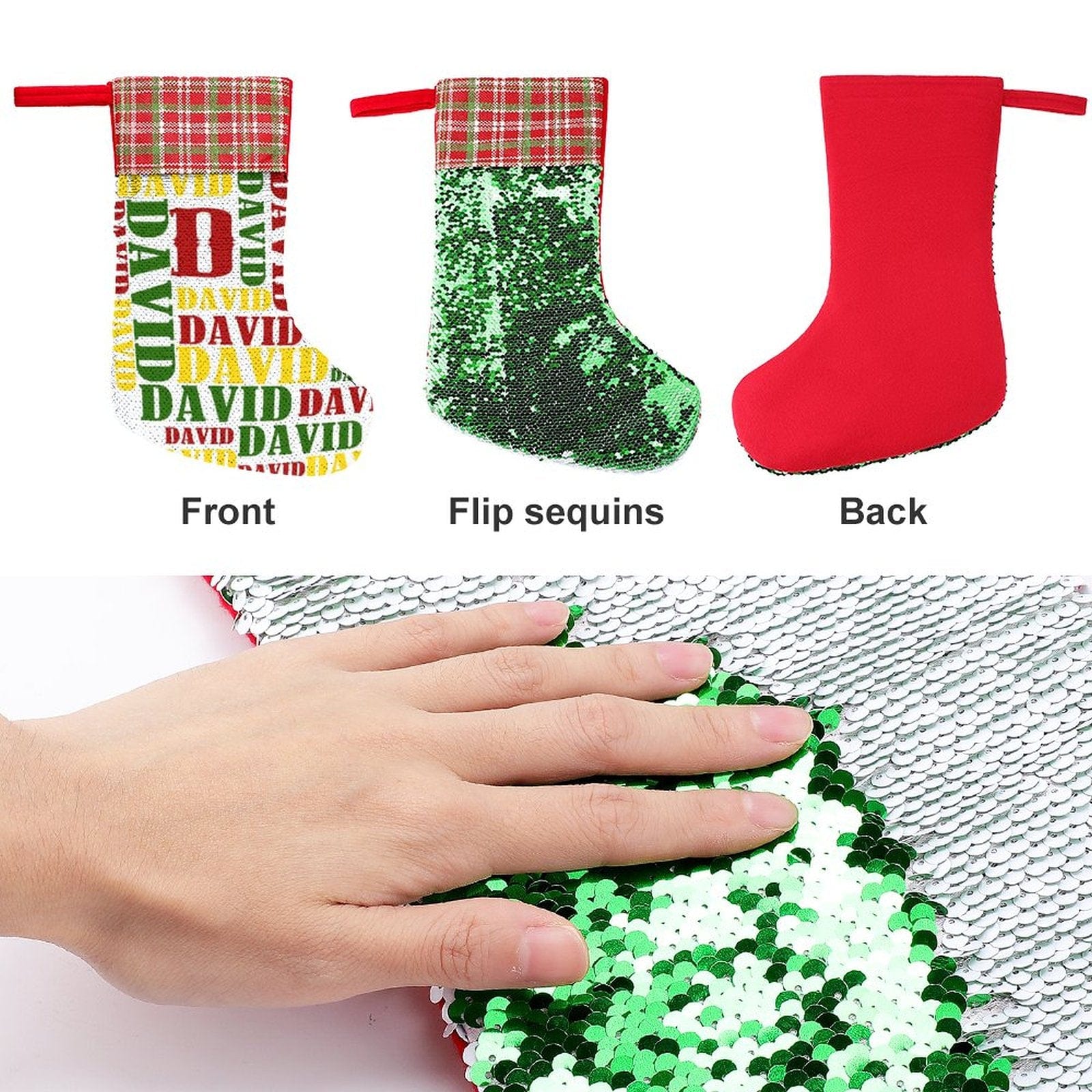 16.5in(L) Super Size-Custom Name Red Yellow Green Christmas Socks Flip Sequins Christmas Stocking