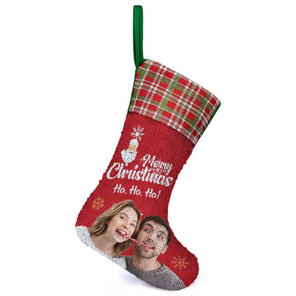 16.5in(L) Super Size-Custom Photo Couple Red Background Merry Christmas Socks Flip Sequins Christmas Stocking