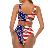 #Couple Matching Swimwear #American Flag Bathingsuit #Independence Day#Custom Husband Face American Flag Swimsuit Personalized Bikini & Swim Trunks Celebrate Holiday Party