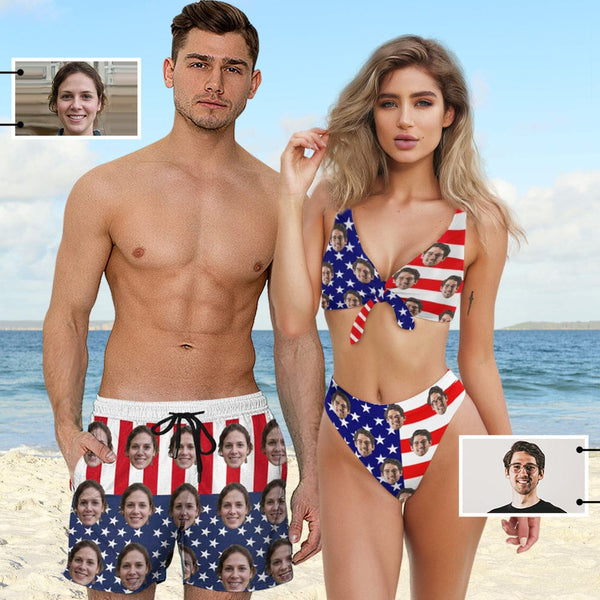#Couple Matching Swimwear #American Flag Bathingsuit #Independence Day#Custom Husband Face American Flag Swimsuit Personalized Bikini & Swim Trunks Celebrate Holiday Party