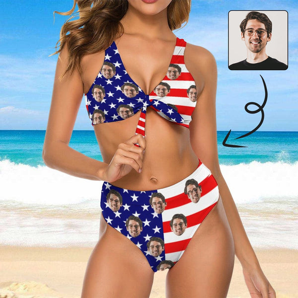 #Couple Matching Swimwear #American Flag Bathingsuit #Independence Day#Custom Husband Face American Flag Swimsuit Personalized Bikini & Swim Trunks Celebrate Holiday Party