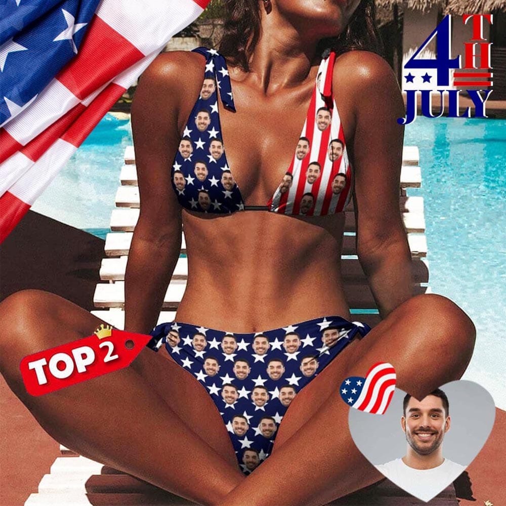 Custom Face USA Flag Deep V Neck Tie Side Low Waisted Triangle Bikini Personalized Bathing Suit Women&