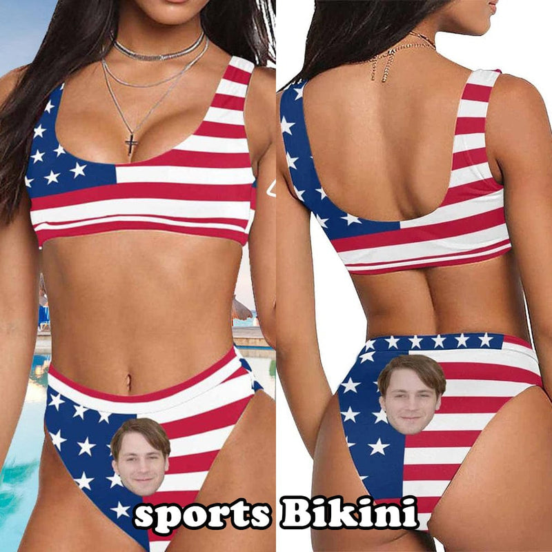 [Top Selling] #Summer Outfits #American Flag Style #Husband/Boyfriend Face On #Celebrate July Fourth - Personalized Face Women's Swimwear Bikini Swimsuit Beach Travel Boat Cruise Pool Party Outfits