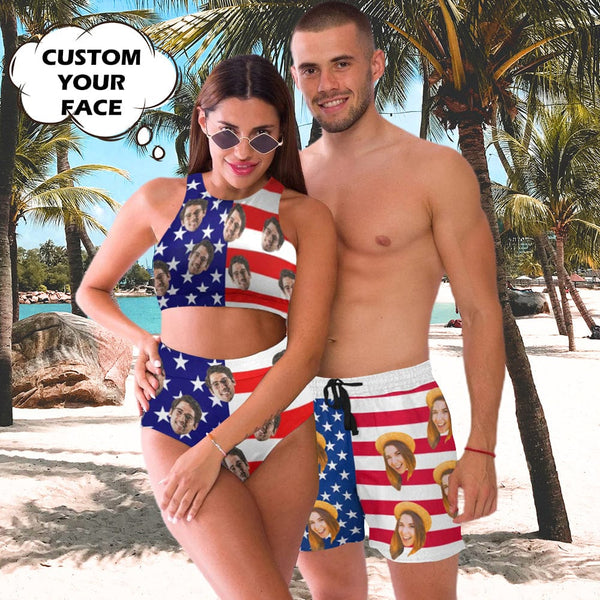 Custom Face American Flag Style A Couple Matching Swimsuit Crew Neck High Waisted Bikini & Swim Shorts Personalized Bathing Suits Beach Outfits