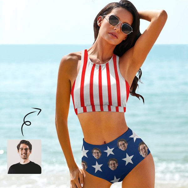 Custom Face American Flag Style Couple Matching Swimsuit High Crew Neck High Waisted Bikini & Swim Shorts Personalized Women's Two Piece Swimsuit Beach Outfits