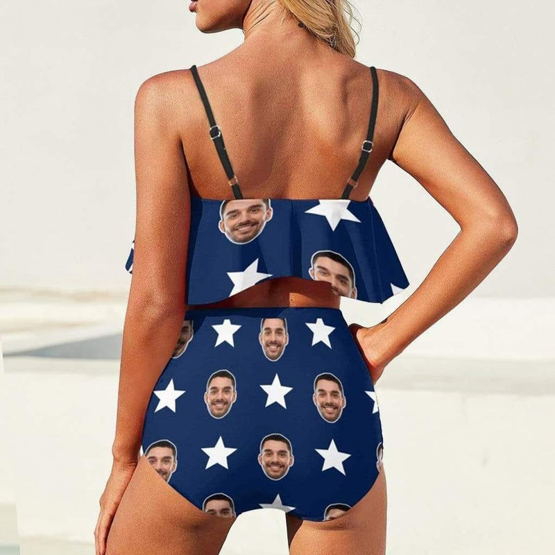 #Family Summer Travel Outfits-Custom Face Stars and Stripes Summer Travels Outfits Family Matching Swimsuit Bikini Set & Swim Trunks & Beach Towel