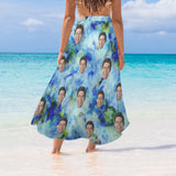 Custom Face Blue Tie Dye Women's Long Cover Up Skirt With Slit Swimsuit Beach Wrap