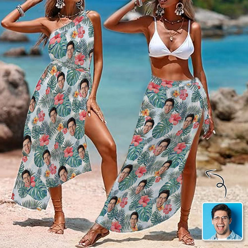 Custom Face Tropical Flowers Leaves Women's Long Cover Up Skirt With Slit Swimsuit Beach Wrap