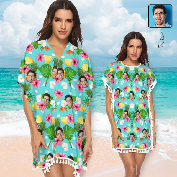 Custom Face Flowers Green Women's Tassel Bikini Cover Up Swimsuits Beach Bathing Suit
