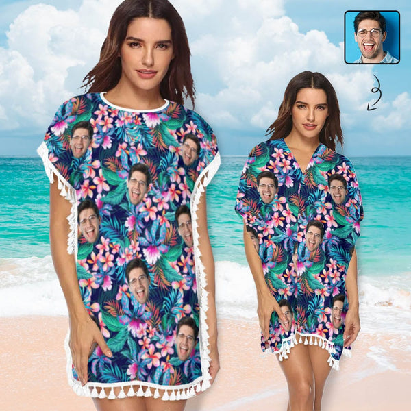 Custom Face Flowers Leaf Women's Tassel Bikini Cover Up Swimsuits Beach Bathing Suit