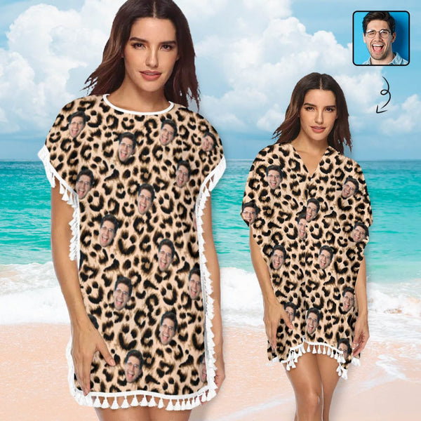 Custom Face Leopard Women's Tassel Bikini Cover Up Swimsuits Beach Bathing Suit