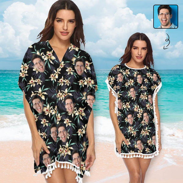 Custom Face Lily Flowers Women's Tassel Bikini Cover Up Swimsuits Beach Bathing Suit
