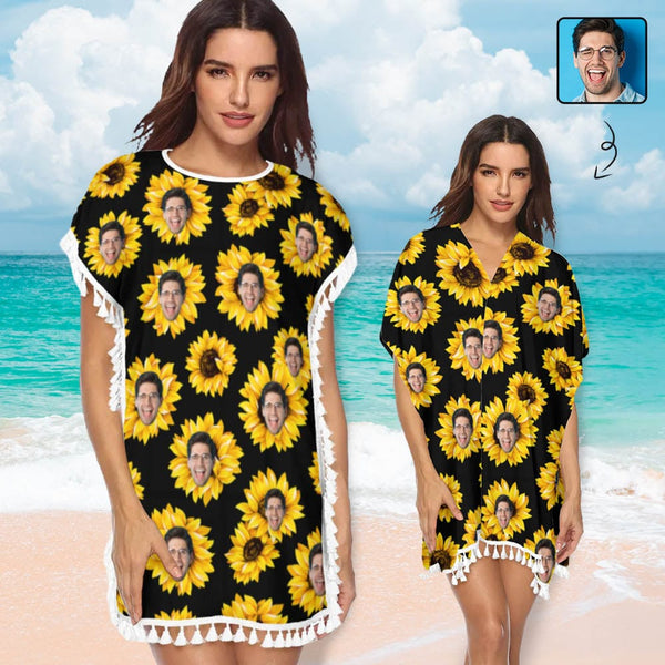 Custom Face Sunflower Women's Tassel Bikini Cover Up Swimsuits Beach Bathing Suit