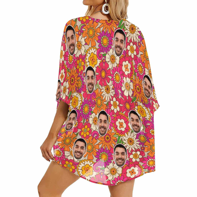 Custom Face Flowers Personalized Women's Kimono Chiffon Cover Up Personalized