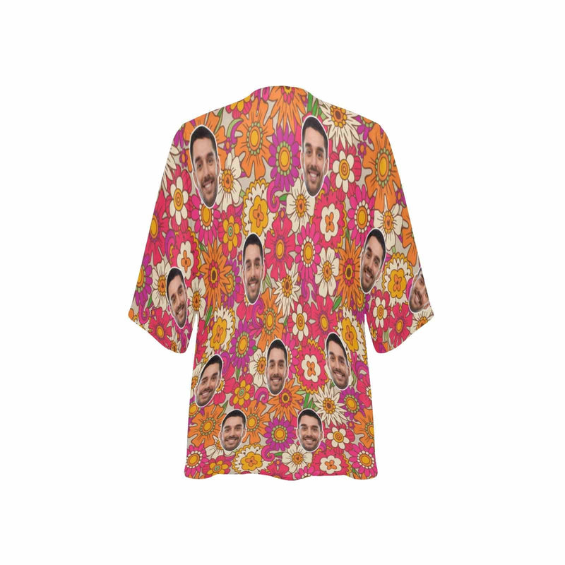 Custom Face Flowers Personalized Women's Kimono Chiffon Cover Up Personalized