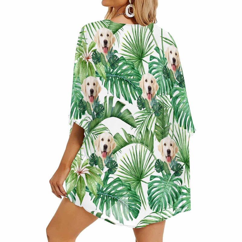 Custom Face Pet Dog Green Leaf Personalized Women's Kimono Chiffon Cover Up