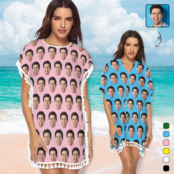 Custom Face Multicolor Women's Tassel Bikini Cover Up Swimsuits Beach Bathing Suit