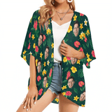 Custom Face Deep Green Flowers Personalized Women's Kimono Chiffon Cover Up