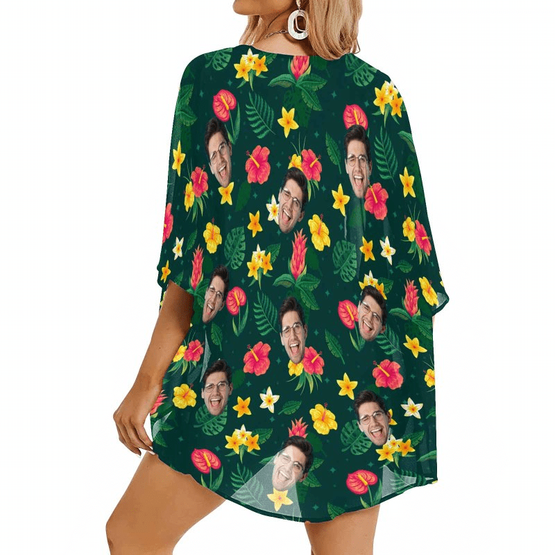 Custom Face Deep Green Flowers Personalized Women's Kimono Chiffon Cover Up