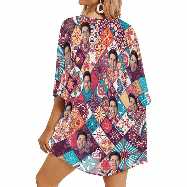 Custom Face Ethnic Style Pattern Stitching Personalized Women's Kimono Chiffon Cover Up