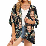 Custom Face Flower Leaf Black Personalized Women's Kimono Chiffon Cover Up Gift