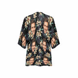 Custom Face Flower Leaf Black Personalized Women's Kimono Chiffon Cover Up Gift