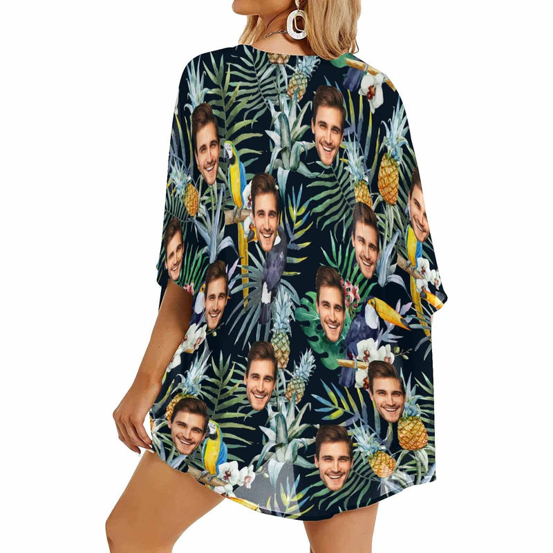 Custom Face Parrot Pineapple Leaf Personalized Women's Kimono Chiffon Cover Up Gift