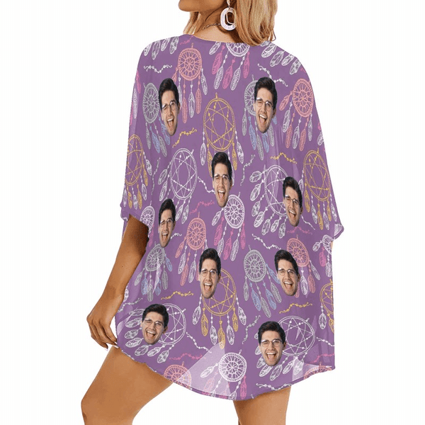 Custom Face Wind Chime Purple Personalized Women's Kimono Chiffon Cover Up