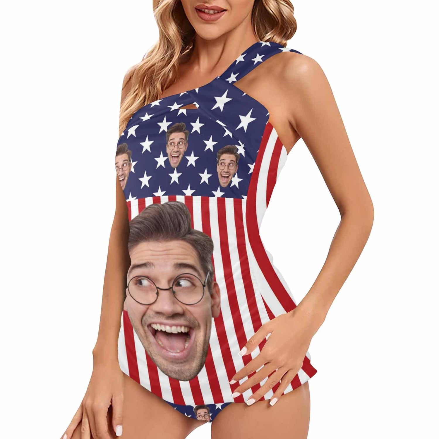 DstoryGifts 288613826712 Custom Face American Flag Swimsuit With Face Personalized Face Women&