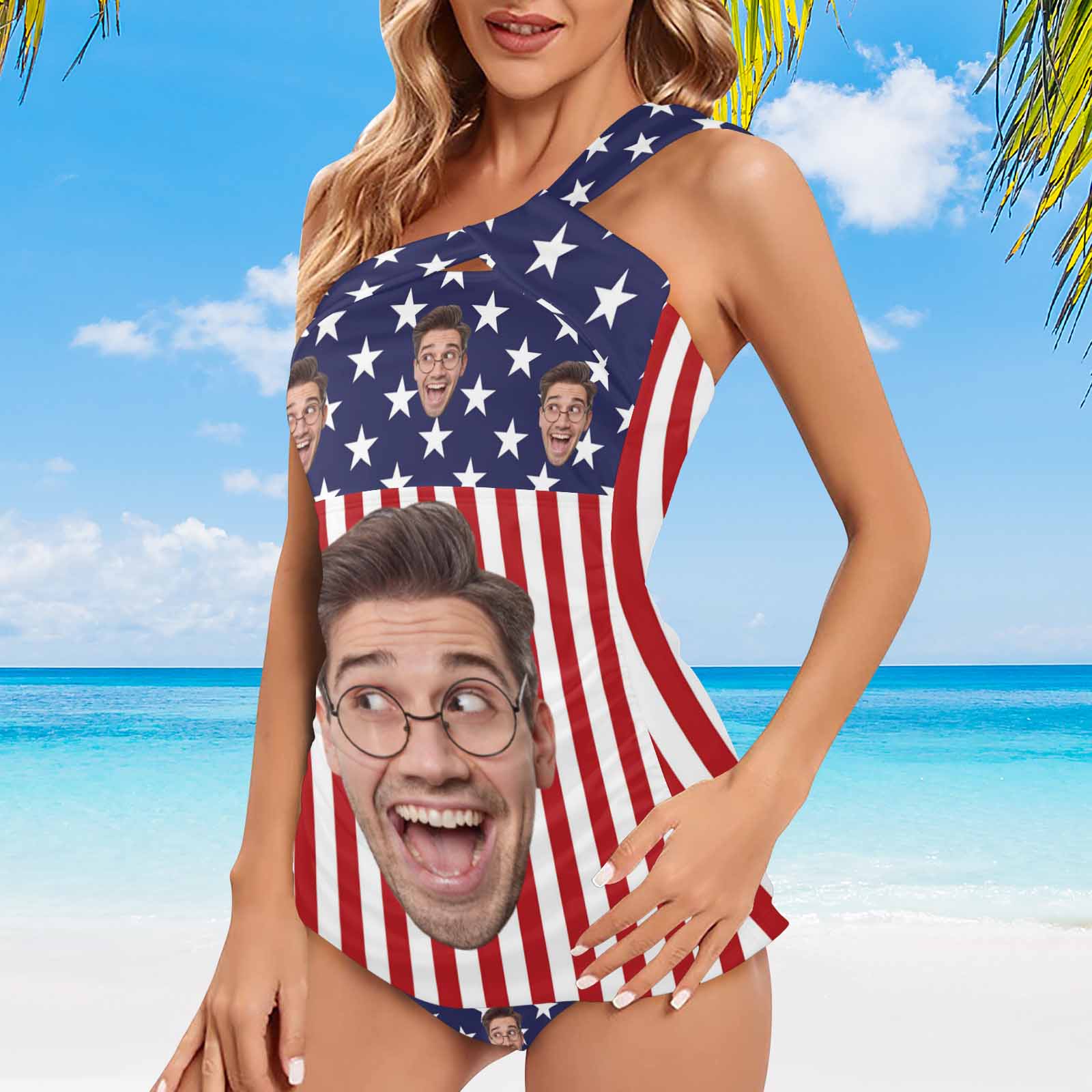 DstoryGifts 288613826712 Custom Face American Flag Swimsuit With Face Personalized Face Women&