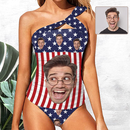 DstoryGifts Swimwear Custom Face American Flag Swimsuit With Face Personalized Face Women&