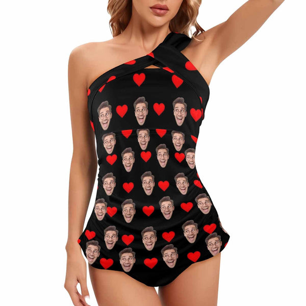 DstoryGifts 288613826712 Custom Face Heart Swimsuit With Face Personalized Face Women's One Shoulder Two Piece Bathing Suit