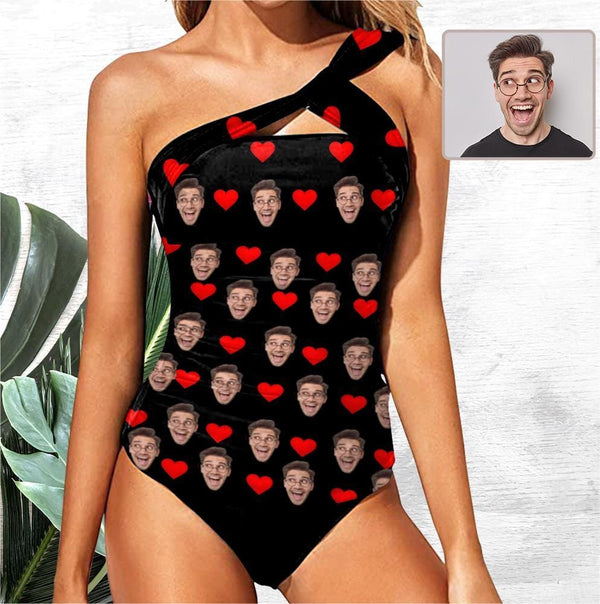 DstoryGifts Swimwear Custom Face Heart Swimsuit With Face Personalized Face Women's One Shoulder Two Piece Bathing Suit