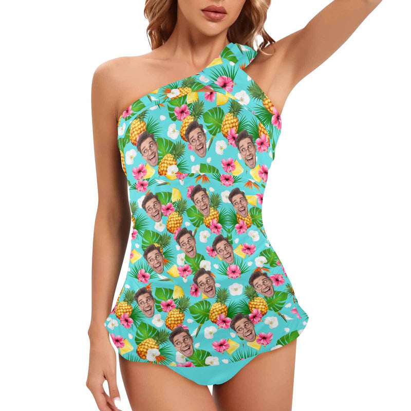 Dstorygifts Swimsuit_3P Custom Face Pineapple Green Swimsuit With Face Personalized Face Women's One Shoulder Two Piece Bathing Suit