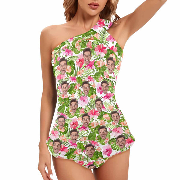 DstoryGifts Swimwear Custom Face Swimsuit Flower LeafTankini With Face Personalized Face Women's One Shoulder Two Piece Bathing Suit
