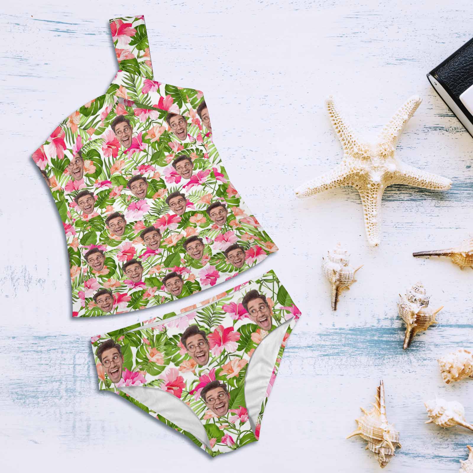 DstoryGifts 288613826712 Custom Face Swimsuit Flower LeafTankini With Face Personalized Face Women&