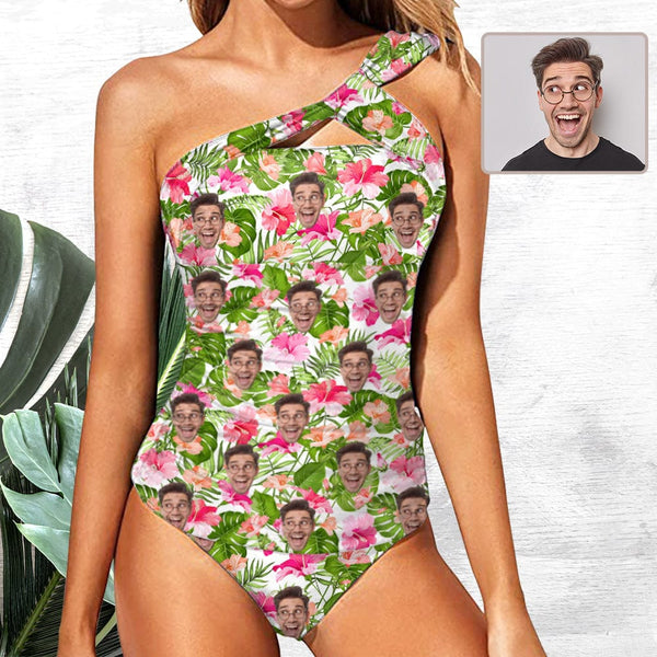 DstoryGifts Swimwear Custom Face Swimsuit Flower LeafTankini With Face Personalized Face Women's One Shoulder Two Piece Bathing Suit
