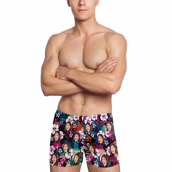 Custom Face Dark Flowers Athletic Swim Jammers Square Leg Swim Briefs Quick Dry Waterproof  Swimsuit