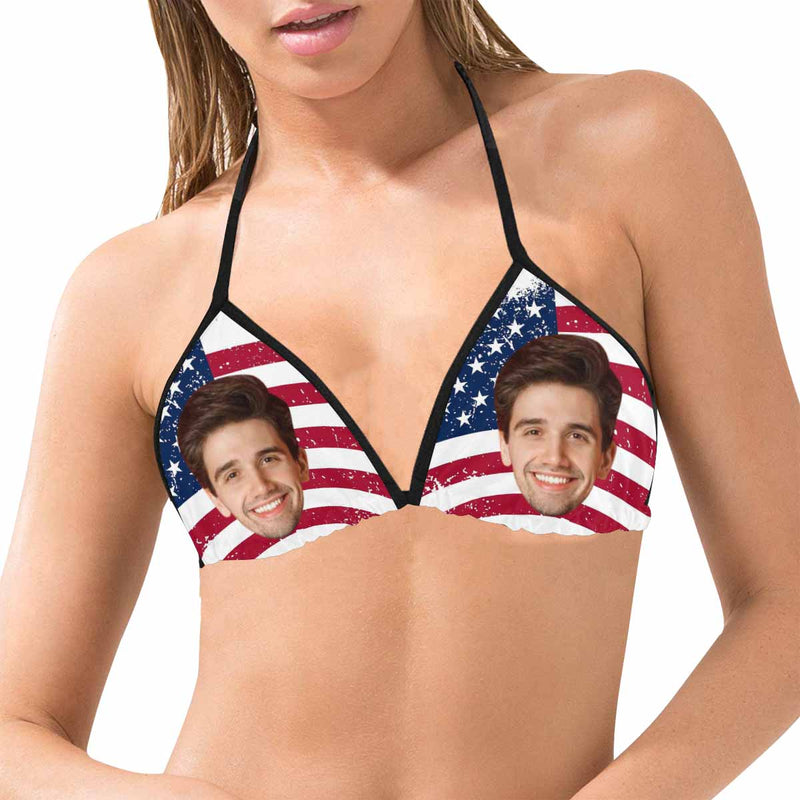 Custom American Flag Face Personalized Triangle Bikini Swimsuit Top