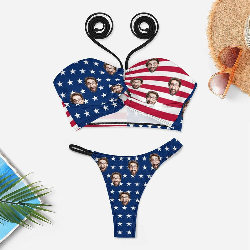 Custom American Flag Face Neckline Cutout Criss Cross Bikini Personalized Swimsuit Bathing Suit